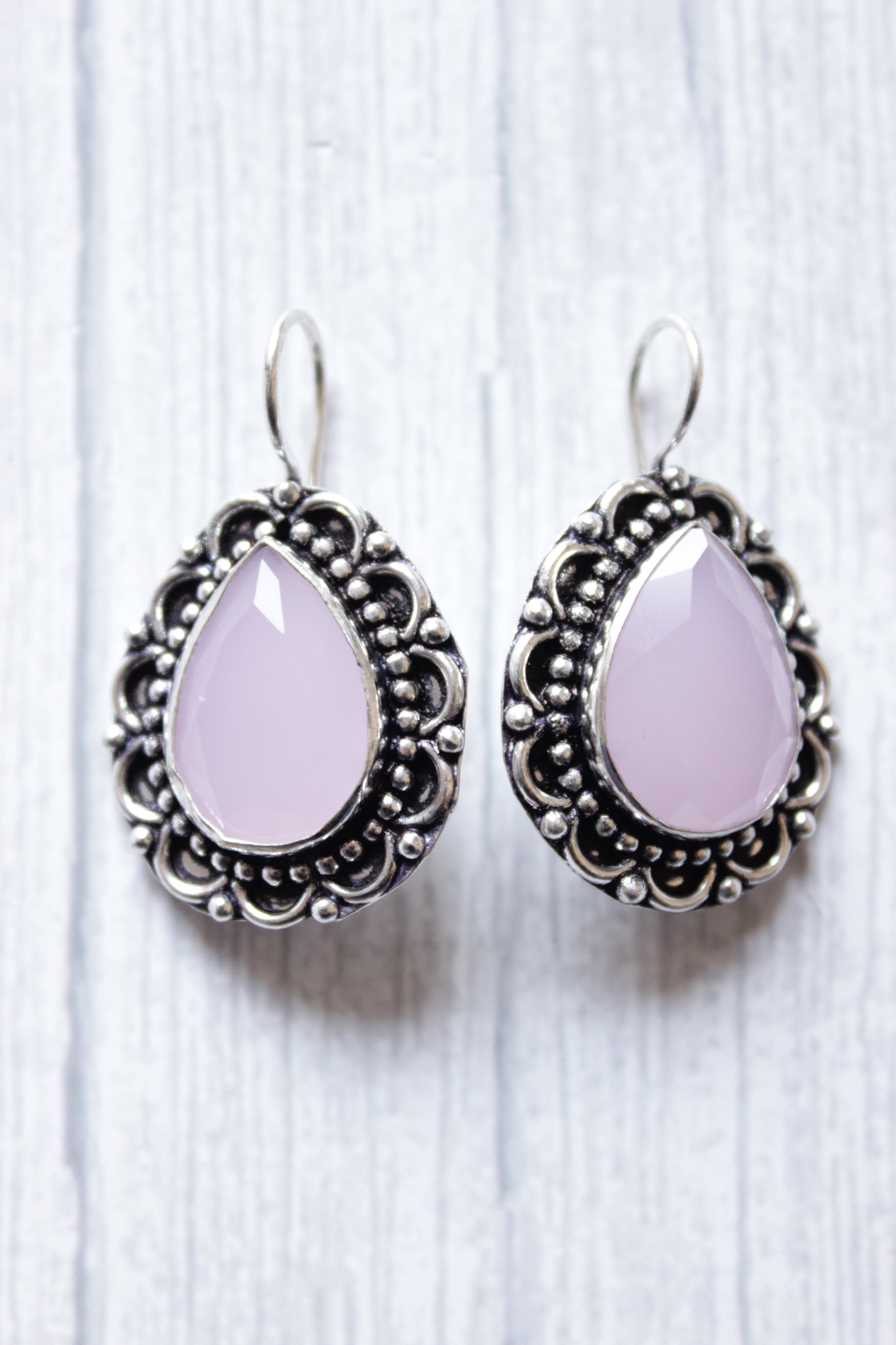 Pink Faceted Natural Gemstone Bezel Silver Finish Handmade Earrings