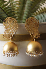 Load image into Gallery viewer, Gold Finish Intricately Detailed Dangler Jhumka Earrings Embellished with White Beads
