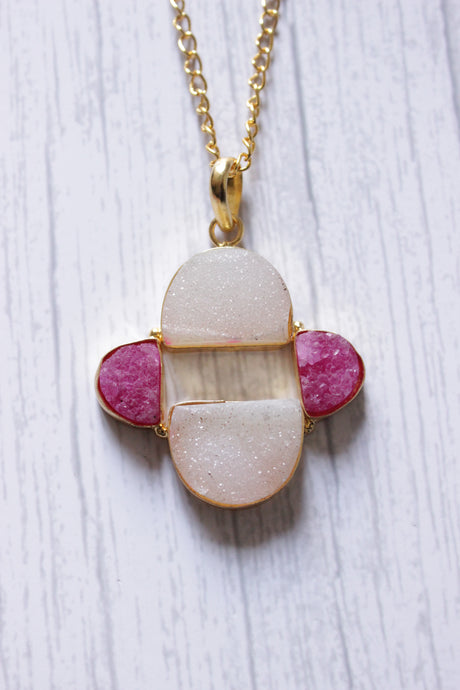 White Pink Sugar Druzy Gemstone Gold Plated Necklace