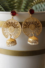 Load image into Gallery viewer, Red Natural Gemstone Embedded Gold Plated Intricately Detailed Jhumka Earrings
