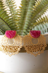 Ruby Sugar Druzy Natural Gemstone Embedded Gold Finish Stud Earrings