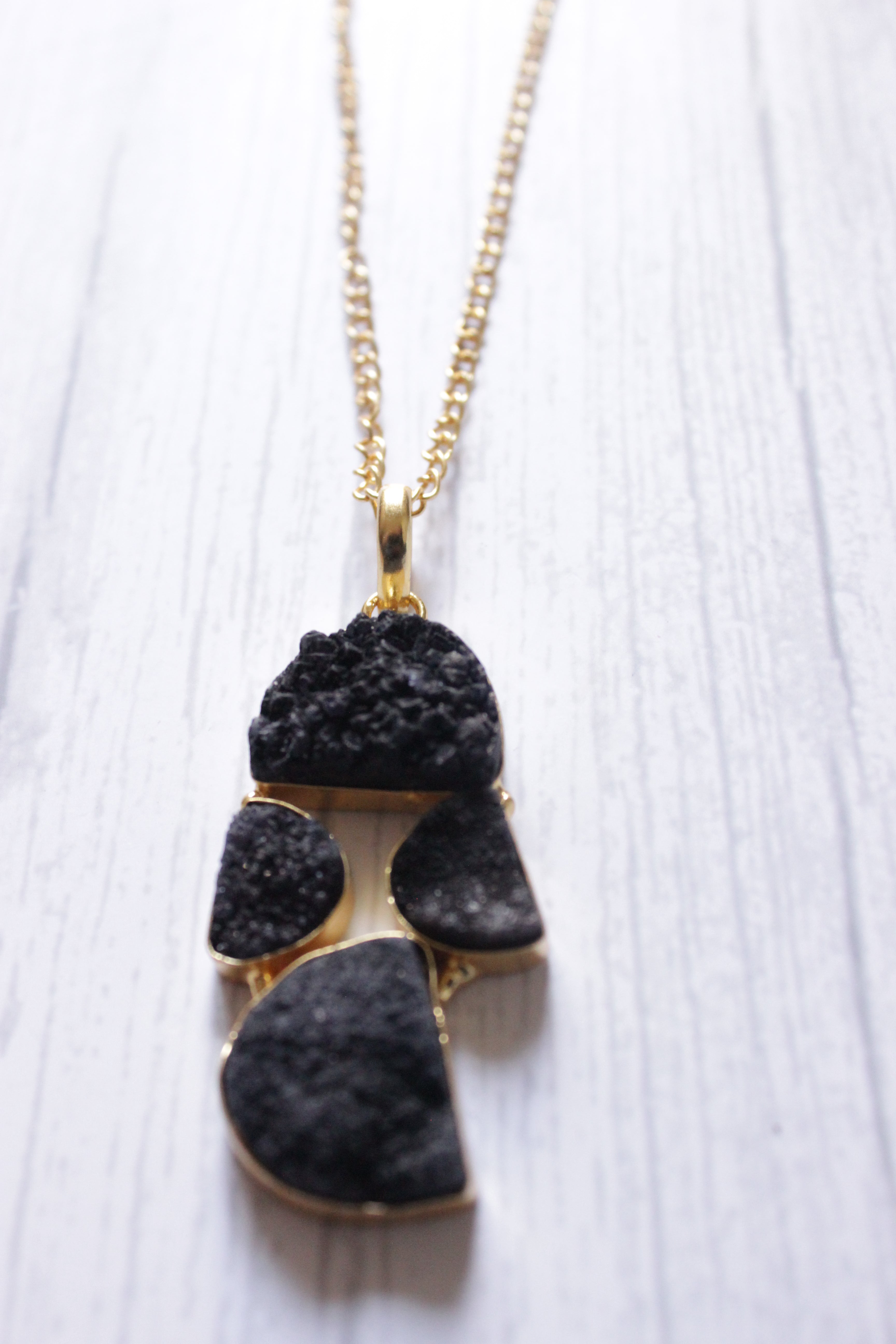 Titanium Black Sugar Druzy Gemstone Embedded Gold Plated Necklace