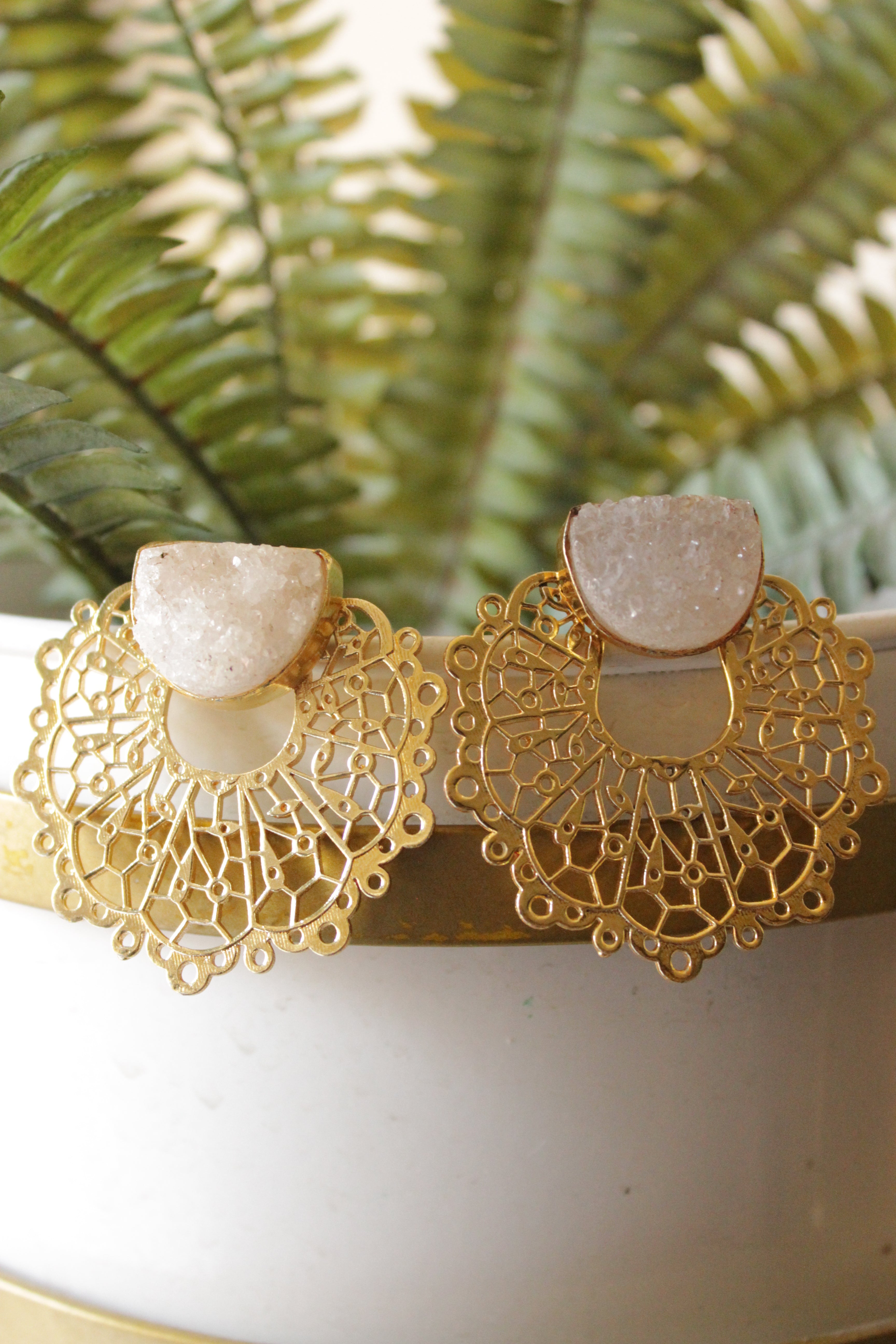 Ivory Sugar Druzy Natural Gemstone Embedded Gold Finish Stud Earrings