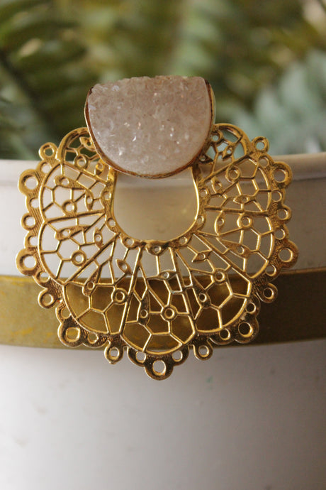 Ivory Sugar Druzy Natural Gemstone Embedded Gold Finish Stud Earrings