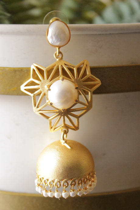 Outstanding River Pearl Natural Gemstone Embedded Gold Plated Intricately Detailed Jhumka Earrings