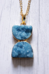 Sand Clock Inspired Sky Blue Sugar Druzy Gemstone Gold Plated Necklace