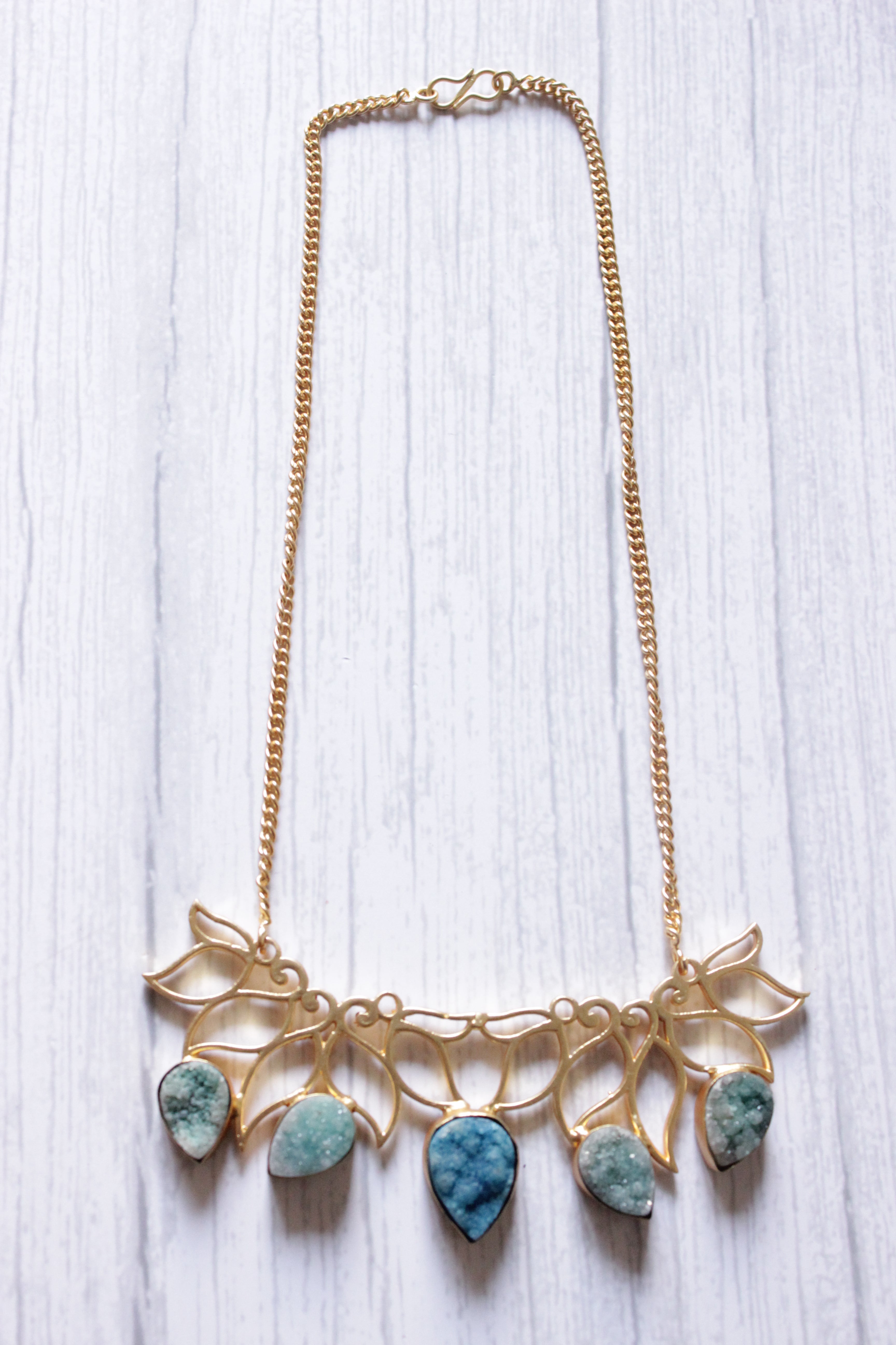 Green Druzy Natural Gemstone Gold Plated Necklace