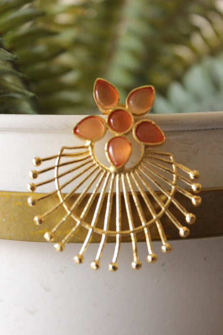 Natural Gemstones Embedded Flower Motif Gold Finish Spike Earrings