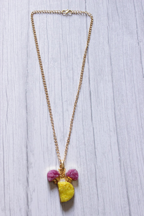 Bright Yellow and Pink Sugar Druzy Gemstone Embedded Gold Plated Handmade Necklace