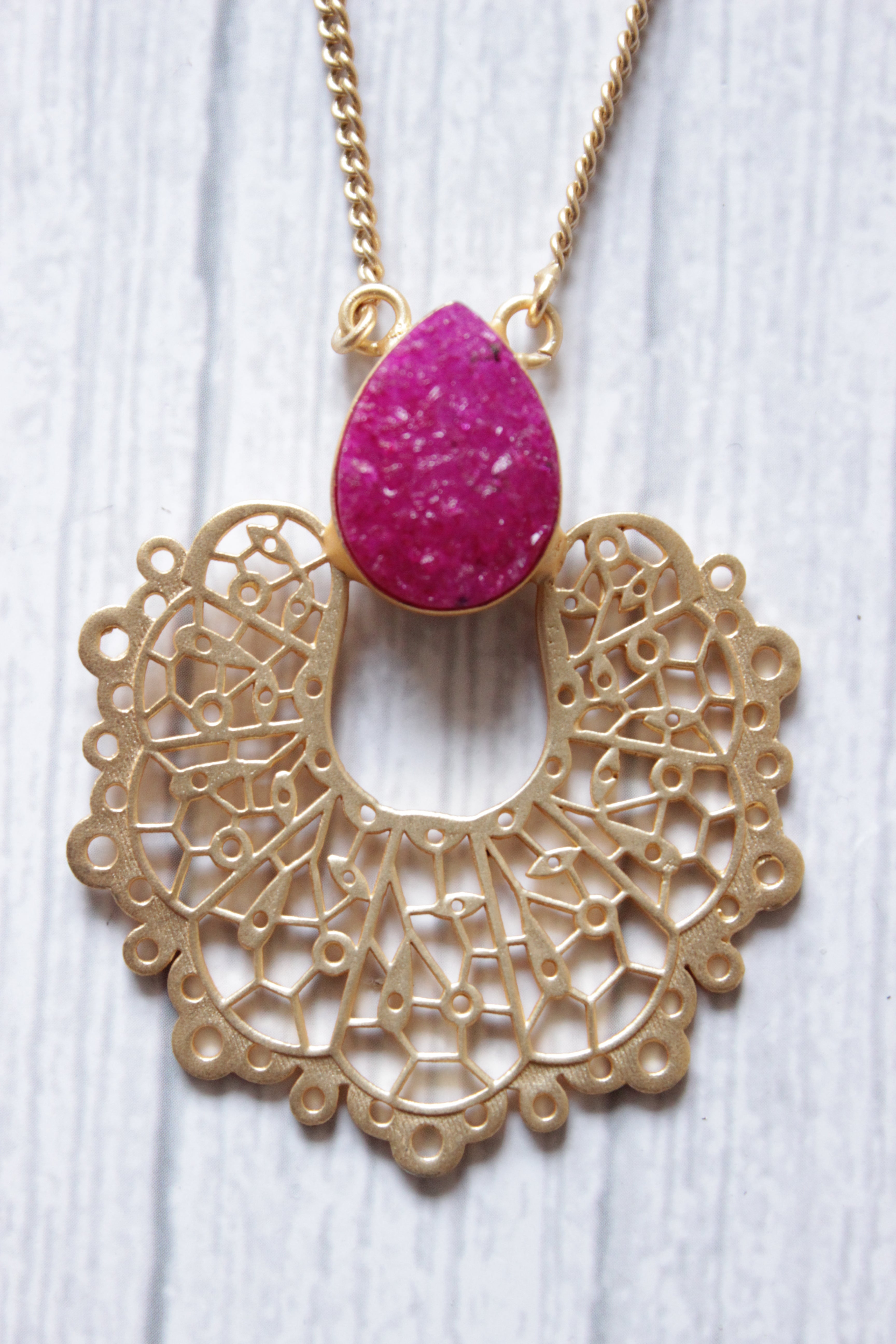 Pink Sugar Druzy Natural Gemstone Gold Finish Handmade Long Necklace
