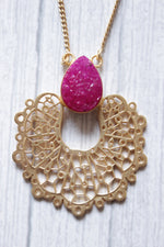 Load image into Gallery viewer, Pink Sugar Druzy Natural Gemstone Gold Finish Handmade Long Necklace
