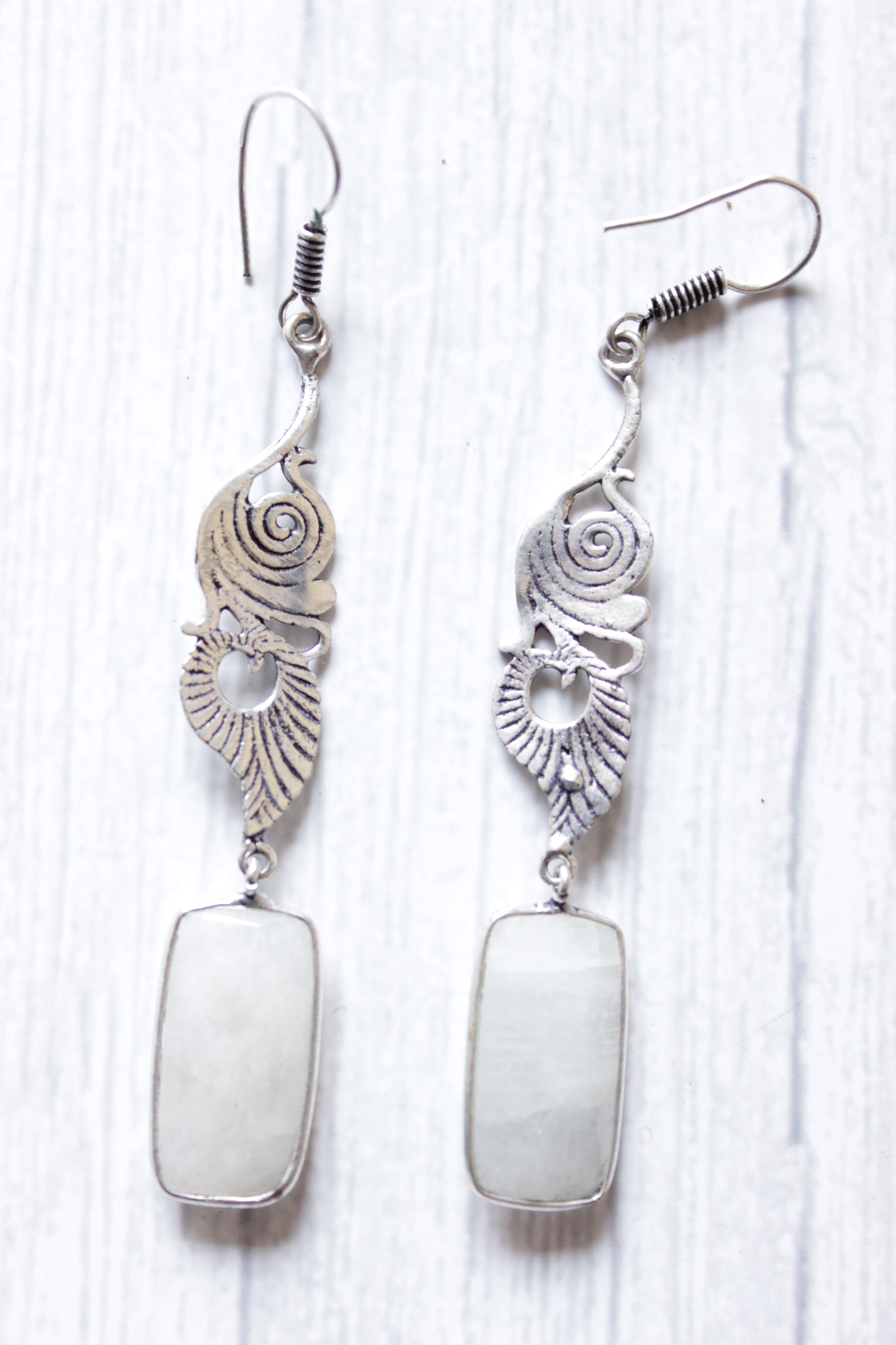 Faceted Rainbow Moonstone Statement Gemstone Vintage Flower Lightweight Silver Finish Dangler Earrings