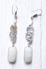 Load image into Gallery viewer, Faceted Rainbow Moonstone Statement Gemstone Vintage Flower Lightweight Silver Finish Dangler Earrings
