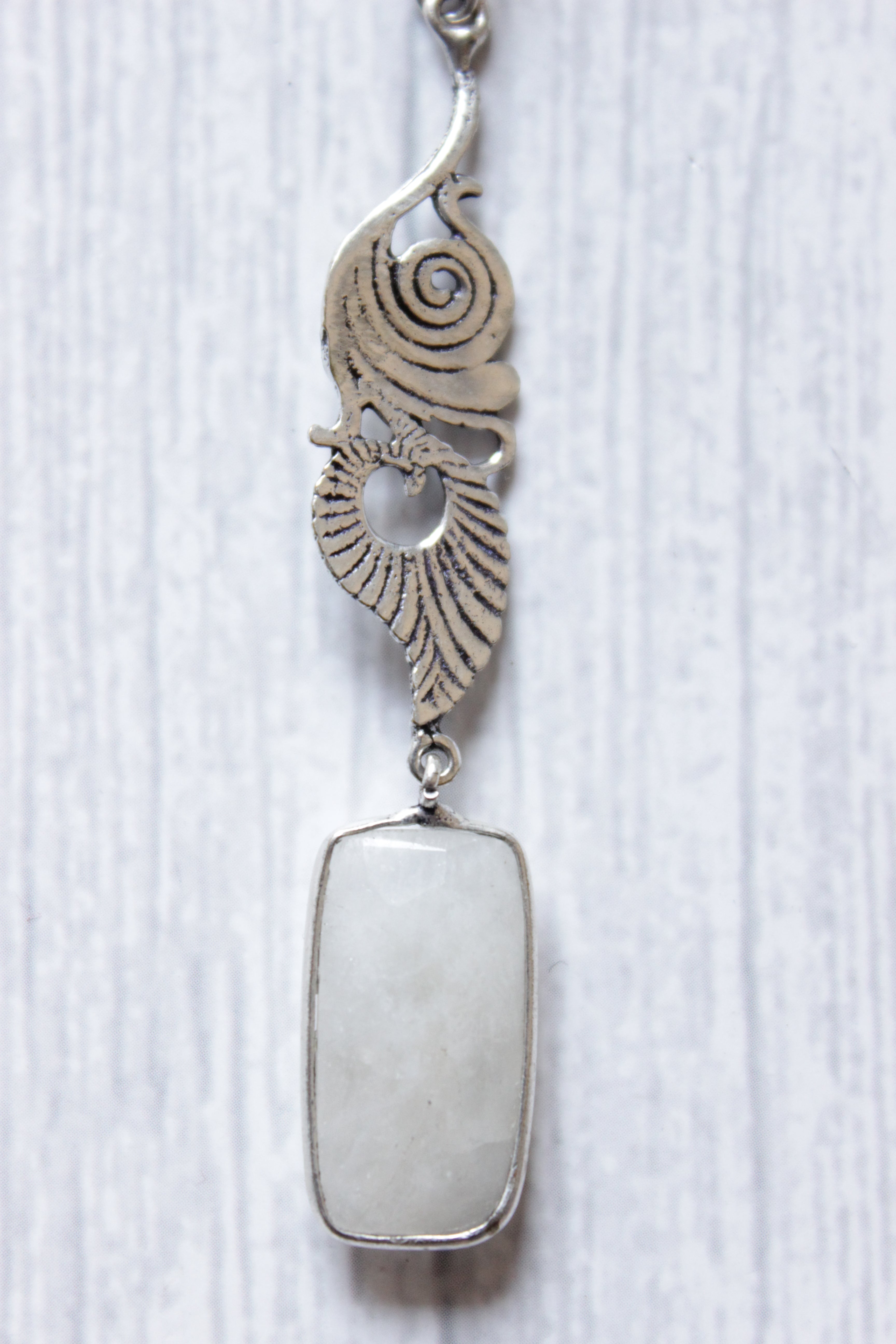 Faceted Rainbow Moonstone Statement Gemstone Vintage Flower Lightweight Silver Finish Dangler Earrings