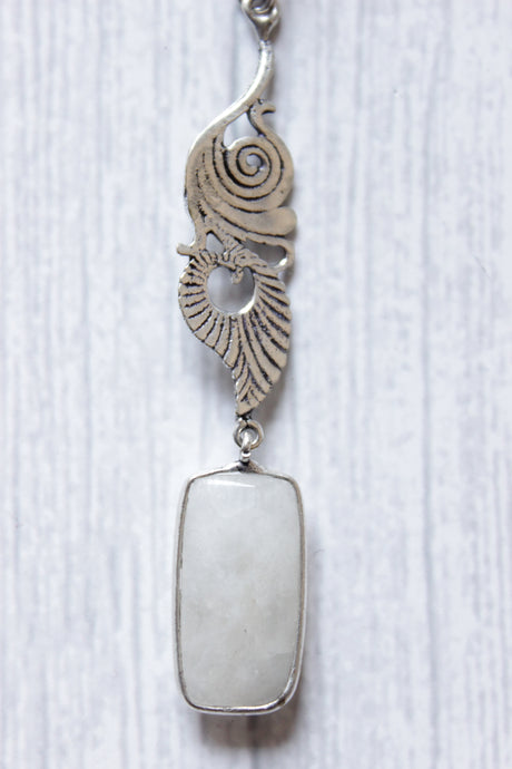 Faceted Rainbow Moonstone Statement Gemstone Vintage Flower Lightweight Silver Finish Dangler Earrings