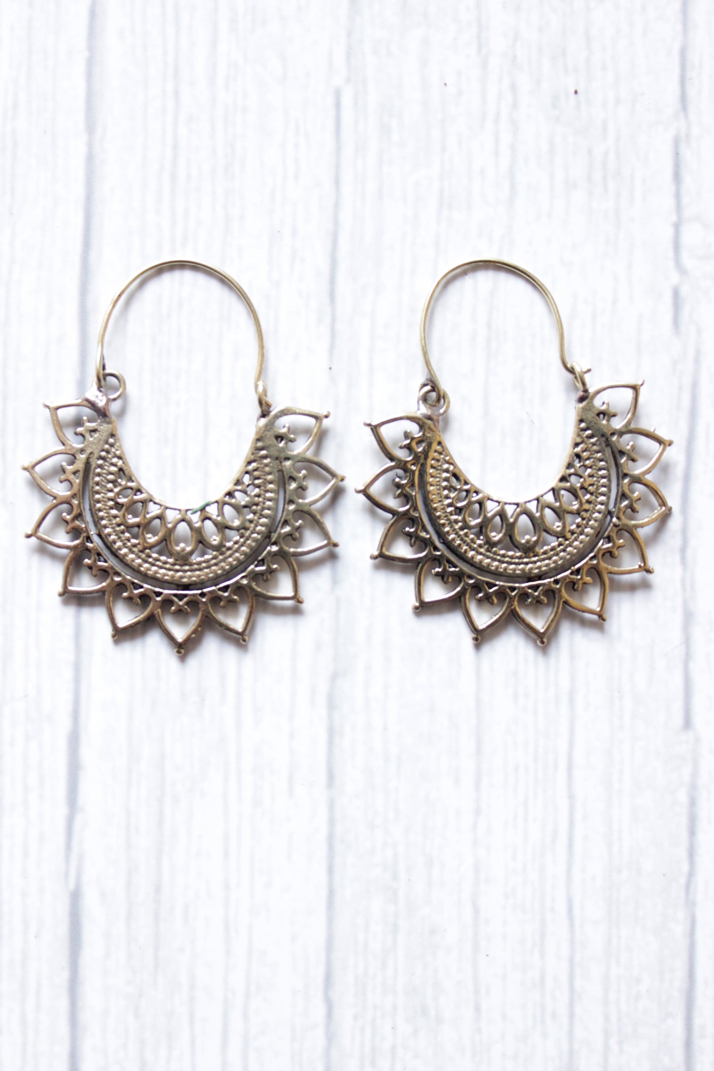 Brass Spiral Flower Motif Intricately Detailed Boho Hoop Earrings