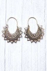 Brass Spiral Flower Motif Intricately Detailed Boho Hoop Earrings