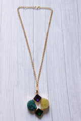 Dull Yellow and Blue Sugar Druzy Gemstone Embedded Gold Plated Handmade Necklace