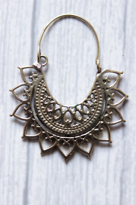 Brass Spiral Flower Motif Intricately Detailed Boho Hoop Earrings