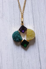 Load image into Gallery viewer, Dull Yellow and Blue Sugar Druzy Gemstone Embedded Gold Plated Handmade Necklace
