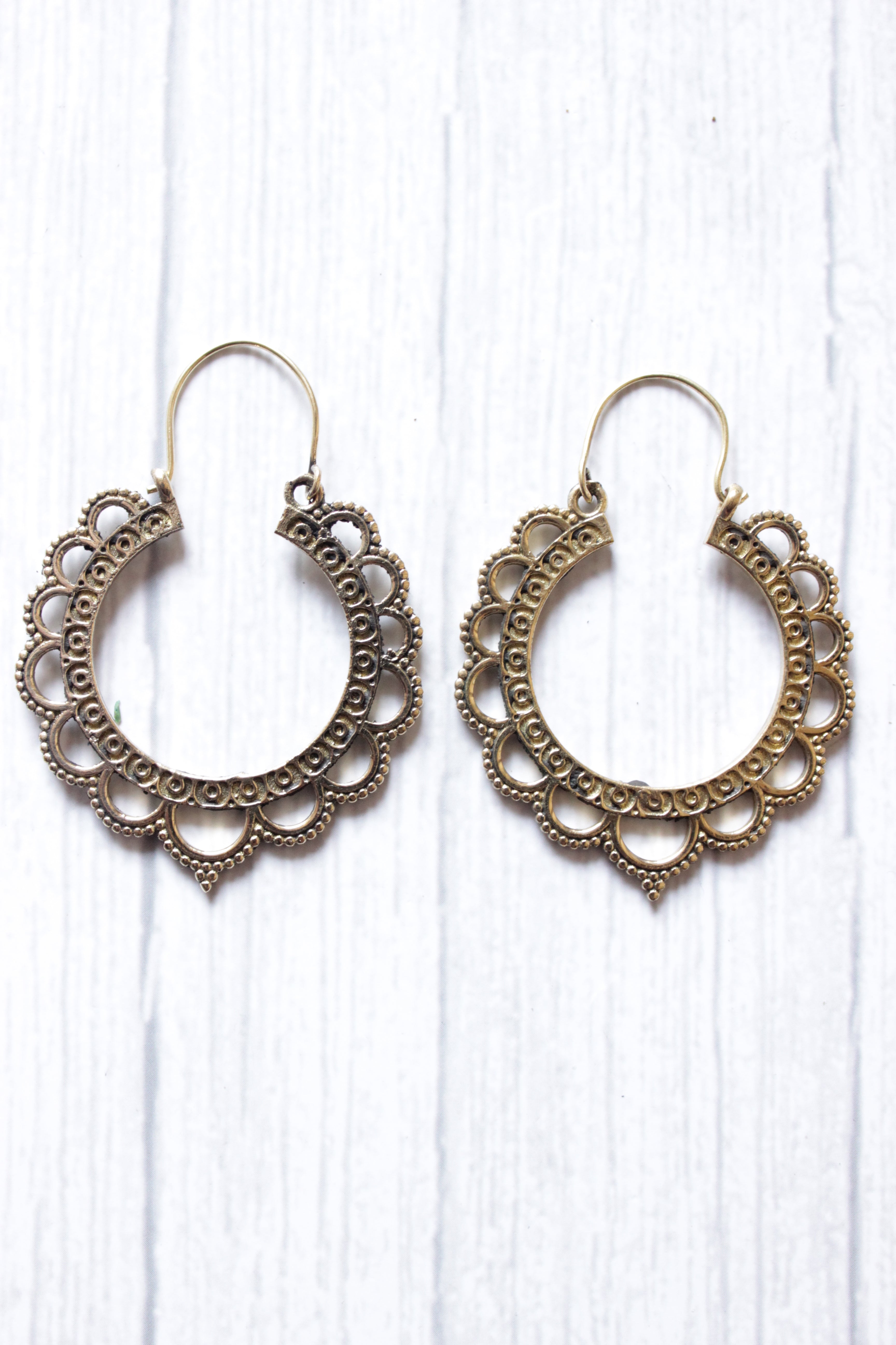 Brass Spiral Flower Motif Boho Hoop Earrings