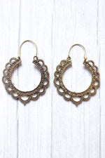 Load image into Gallery viewer, Brass Spiral Flower Motif Boho Hoop Earrings
