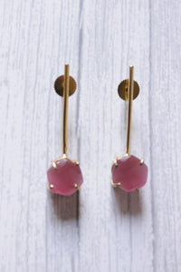 Hexagon Pink Cat Eye Quartz Gemstone Gold Plated Bar Earrings