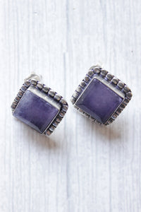 Violet Statement Natural Gemstone Embedded Silver Finish Stud Earrings