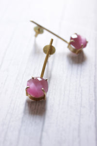 Hexagon Pink Cat Eye Quartz Gemstone Gold Plated Bar Earrings