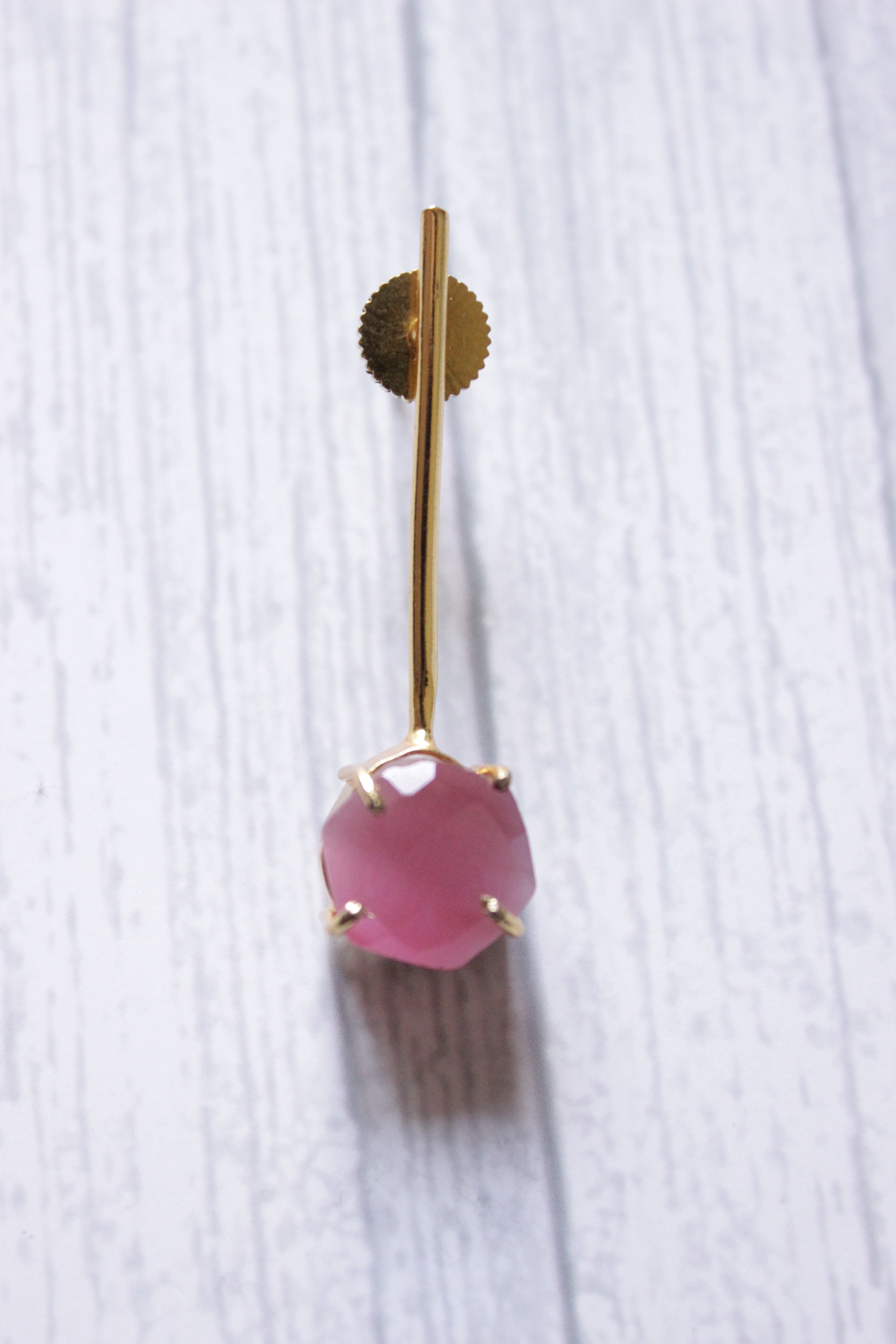 Hexagon Pink Cat Eye Quartz Gemstone Gold Plated Bar Earrings