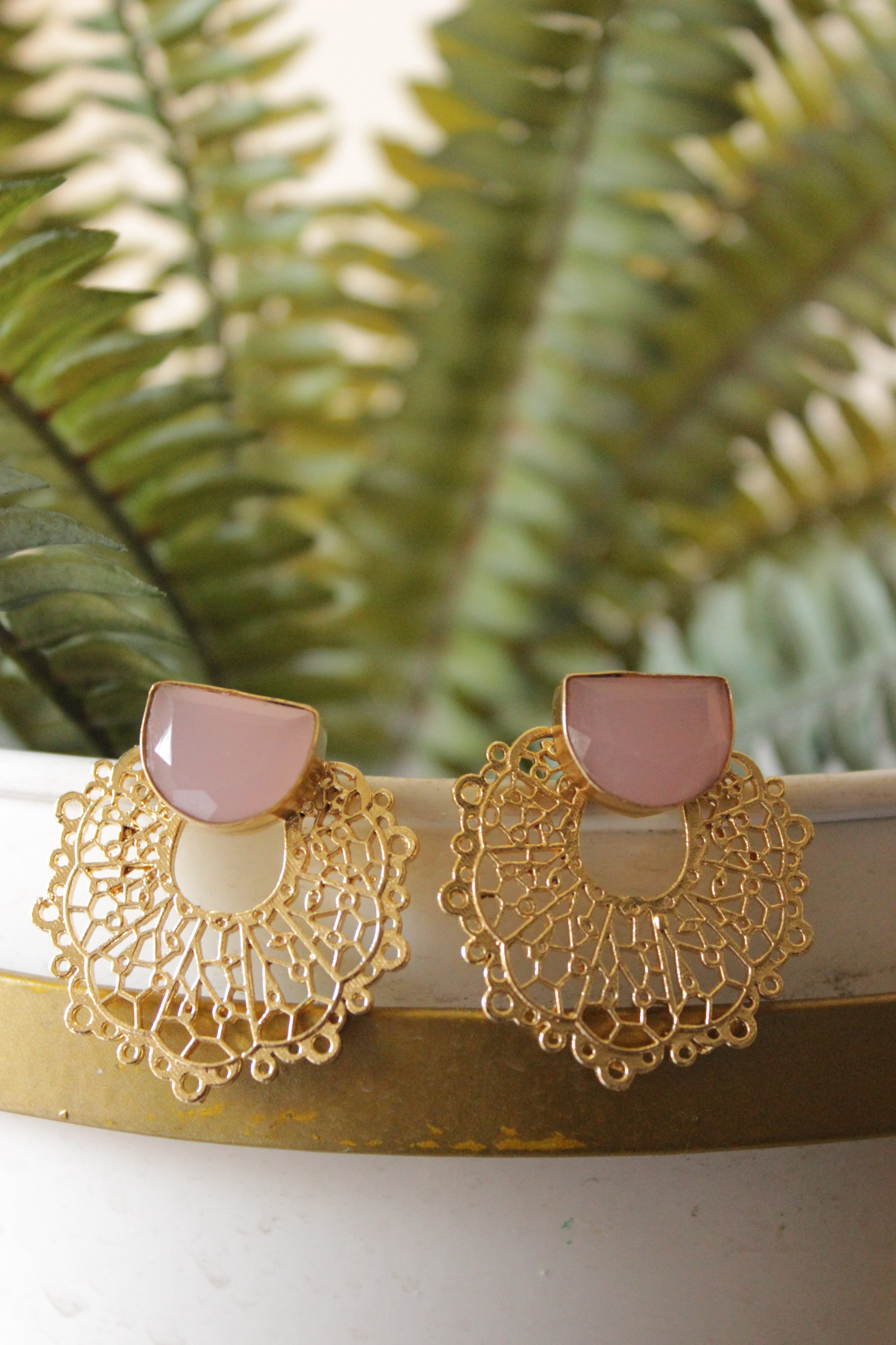 Baby Pink Rose Quartz Natural Gemstone Embedded Gold Finish Stud Earrings