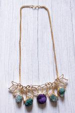 Load image into Gallery viewer, Turquoise and Purple Sugar Druzy Natural Gemstone Gold Plated Necklace
