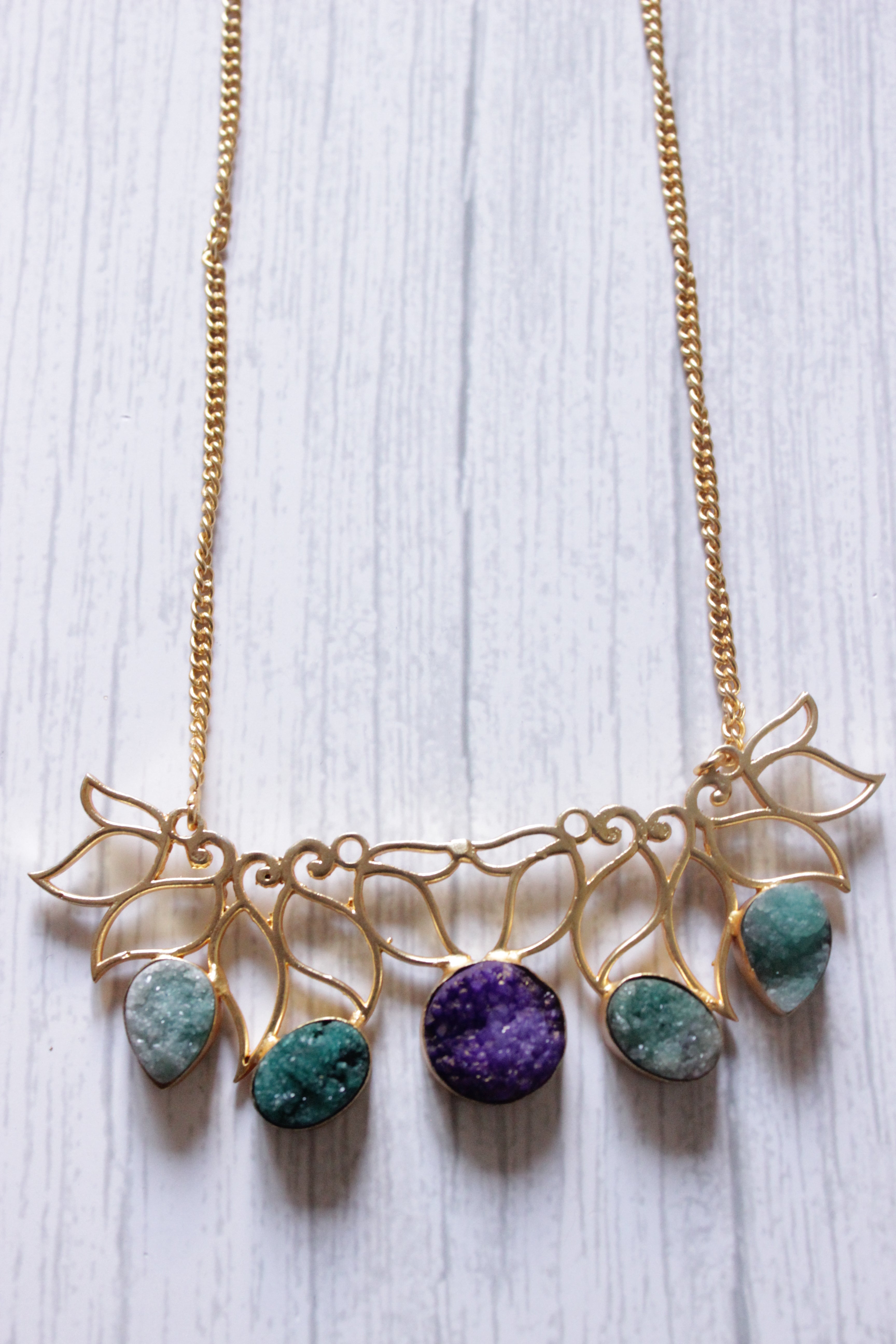 Turquoise and Purple Sugar Druzy Natural Gemstone Gold Plated Necklace