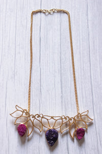 Purple Pink Sugar Druzy Natural Gemstone Gold Plated Necklace