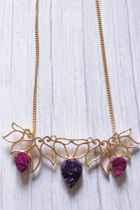 Purple Pink Sugar Druzy Natural Gemstone Gold Plated Necklace