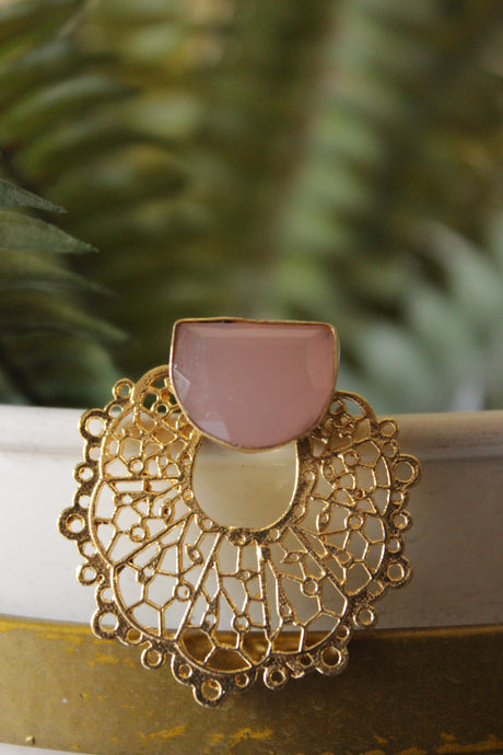 Baby Pink Rose Quartz Natural Gemstone Embedded Gold Finish Stud Earrings