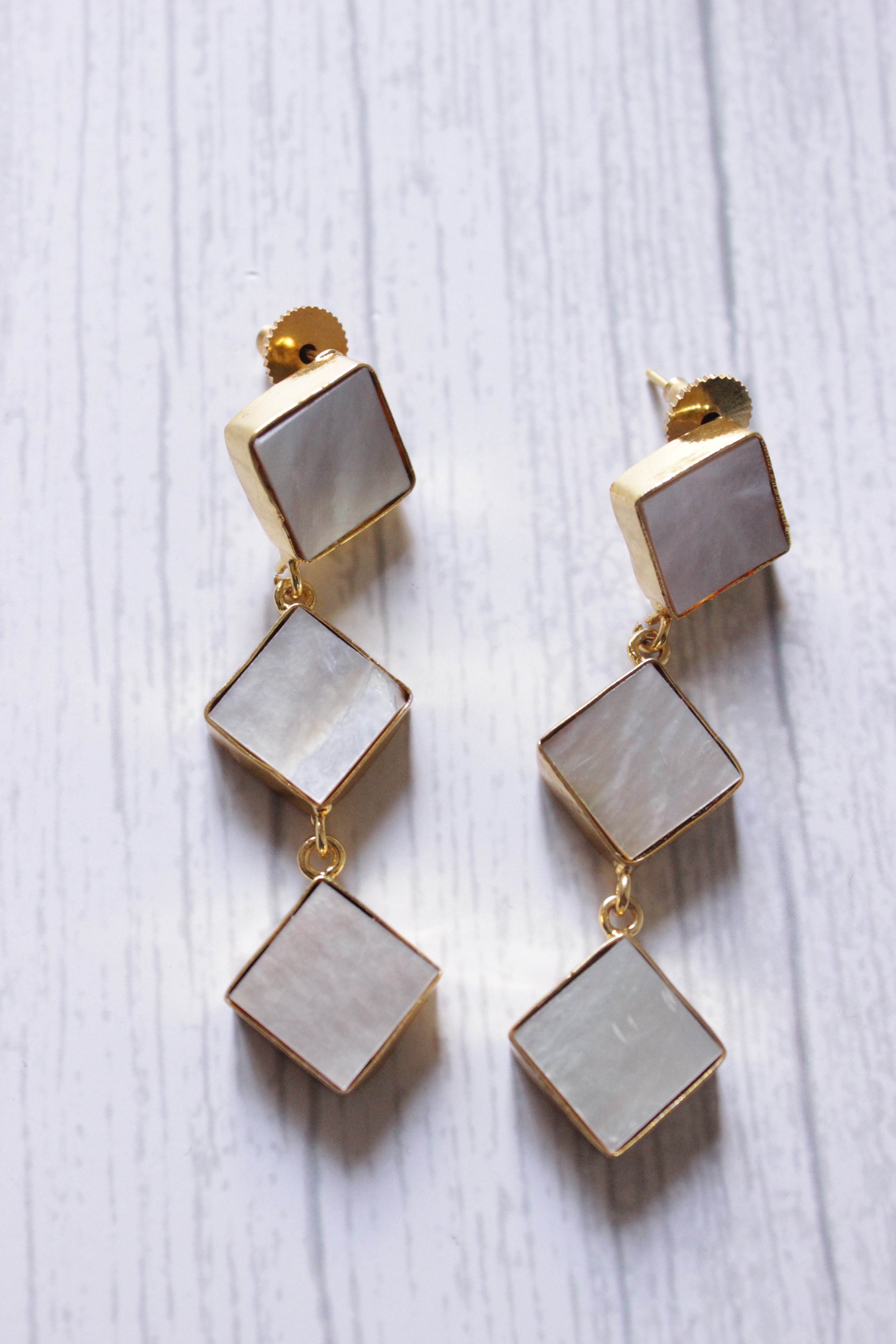 MOP Pearl Gemstone Handmade Gold Plated Jewelry Square Earrings
