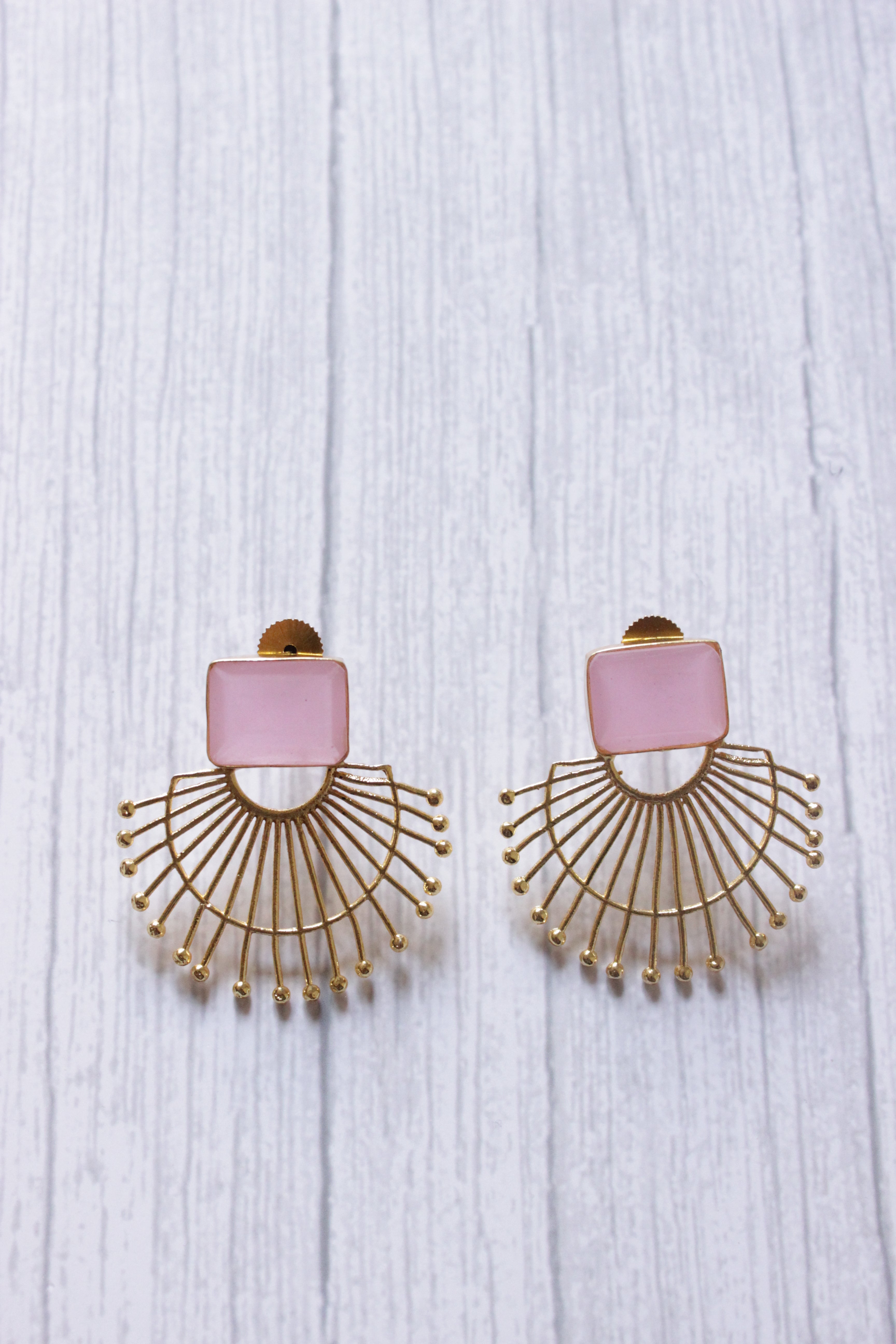 Freeship Rose Quartz Handmade Gold Plated Fashion Stud Earrings