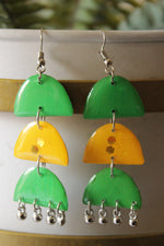Load image into Gallery viewer, Green &amp; Yellow 3 Layer Dome Shaped Dangler Earrings
