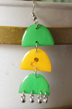 Load image into Gallery viewer, Green &amp; Yellow 3 Layer Dome Shaped Dangler Earrings
