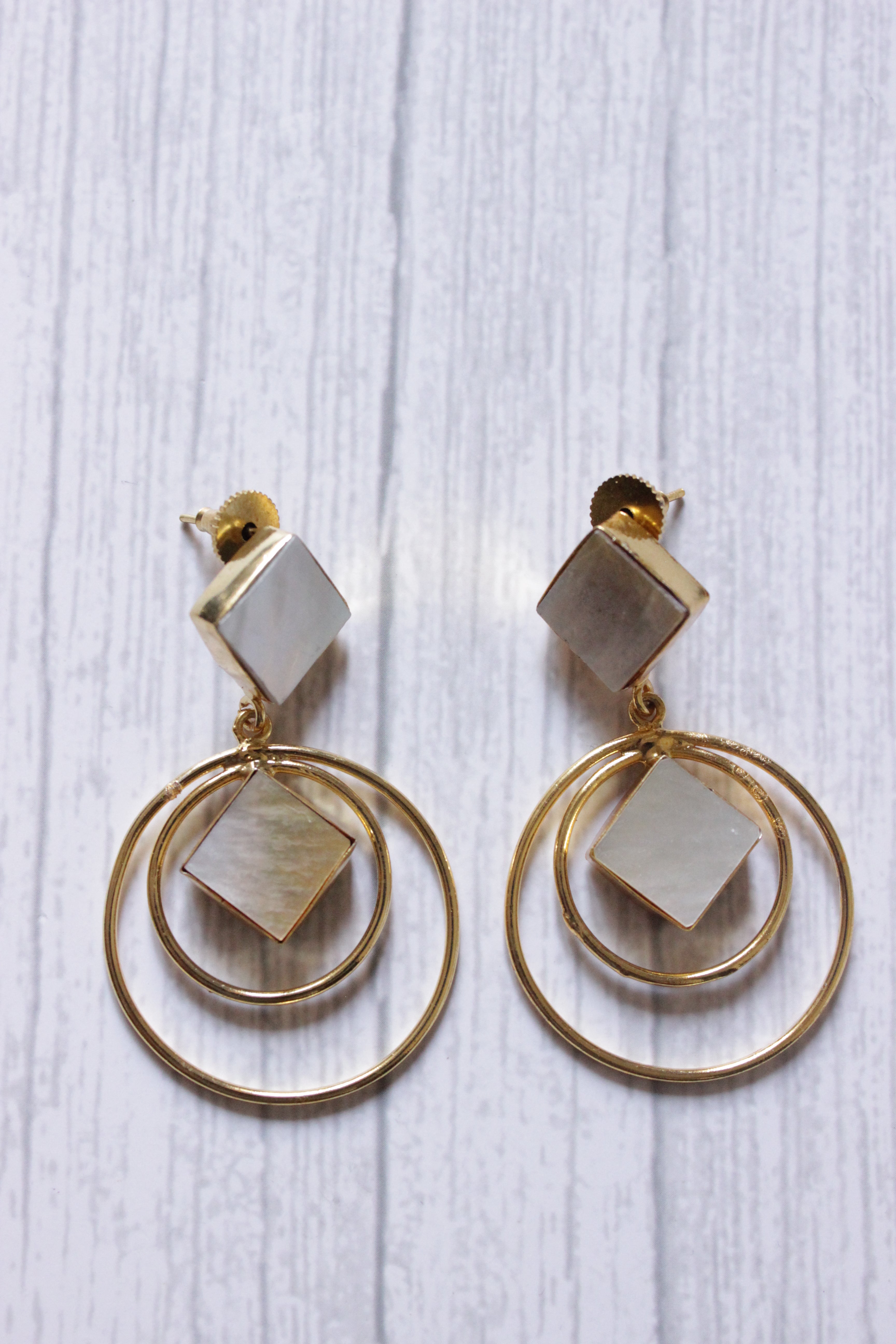 Concentric Circles Designer Mother of Pearl Gemstone Gold Plated Dangler Earrings