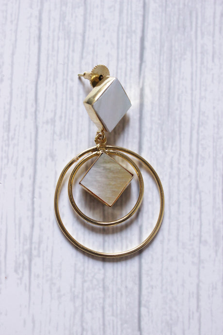 Concentric Circles Designer Mother of Pearl Gemstone Gold Plated Dangler Earrings