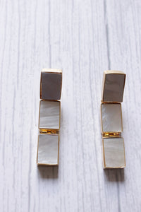 Rectangular Mother Of Pearl Gemstone Gold Plated Tennis Earrings