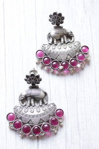 Pink Glass Stones Embedded Premium Oxidised Finish Elephant Motif Dangler Earrings