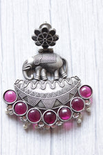 Load image into Gallery viewer, Pink Glass Stones Embedded Premium Oxidised Finish Elephant Motif Dangler Earrings
