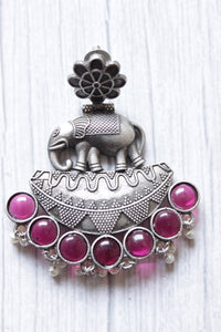 Pink Glass Stones Embedded Premium Oxidised Finish Elephant Motif Dangler Earrings