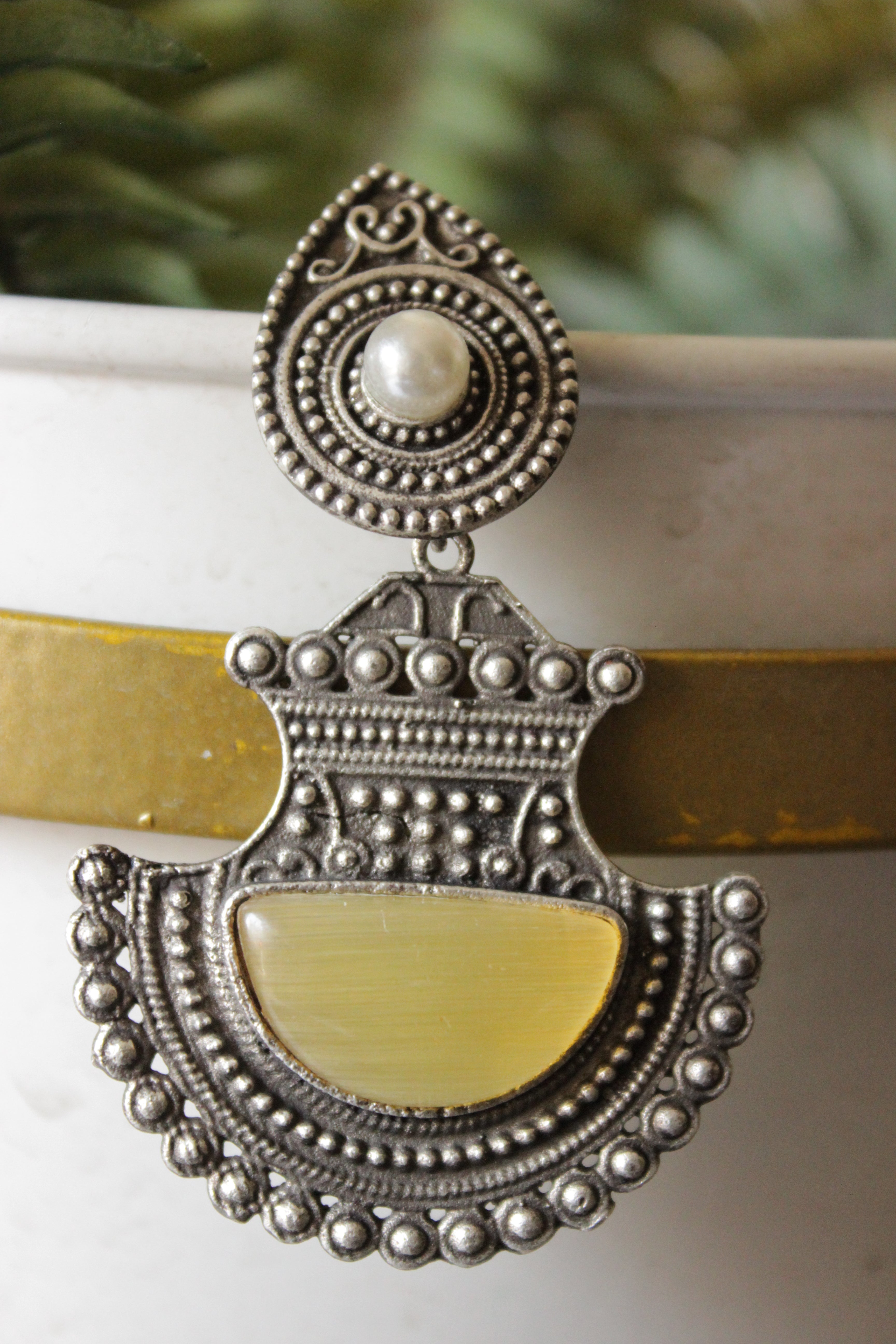 Lemon Yellow Glass Stone Embedded Premium Oxidised Finish Warrior Dangler Earrings