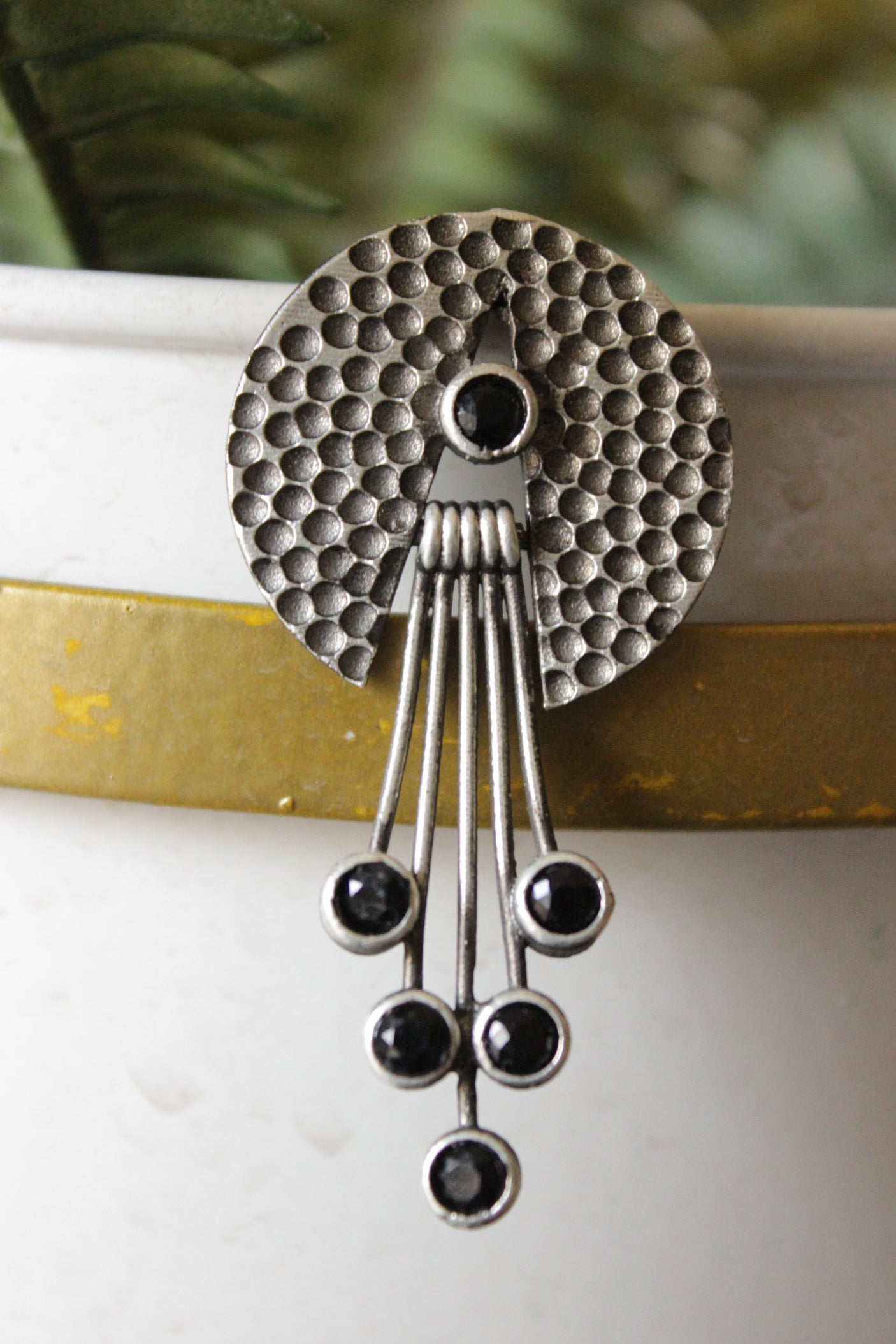 Black Glass Stones Embedded Premium Oxidised Finish Honeycomb Dangler Earrings
