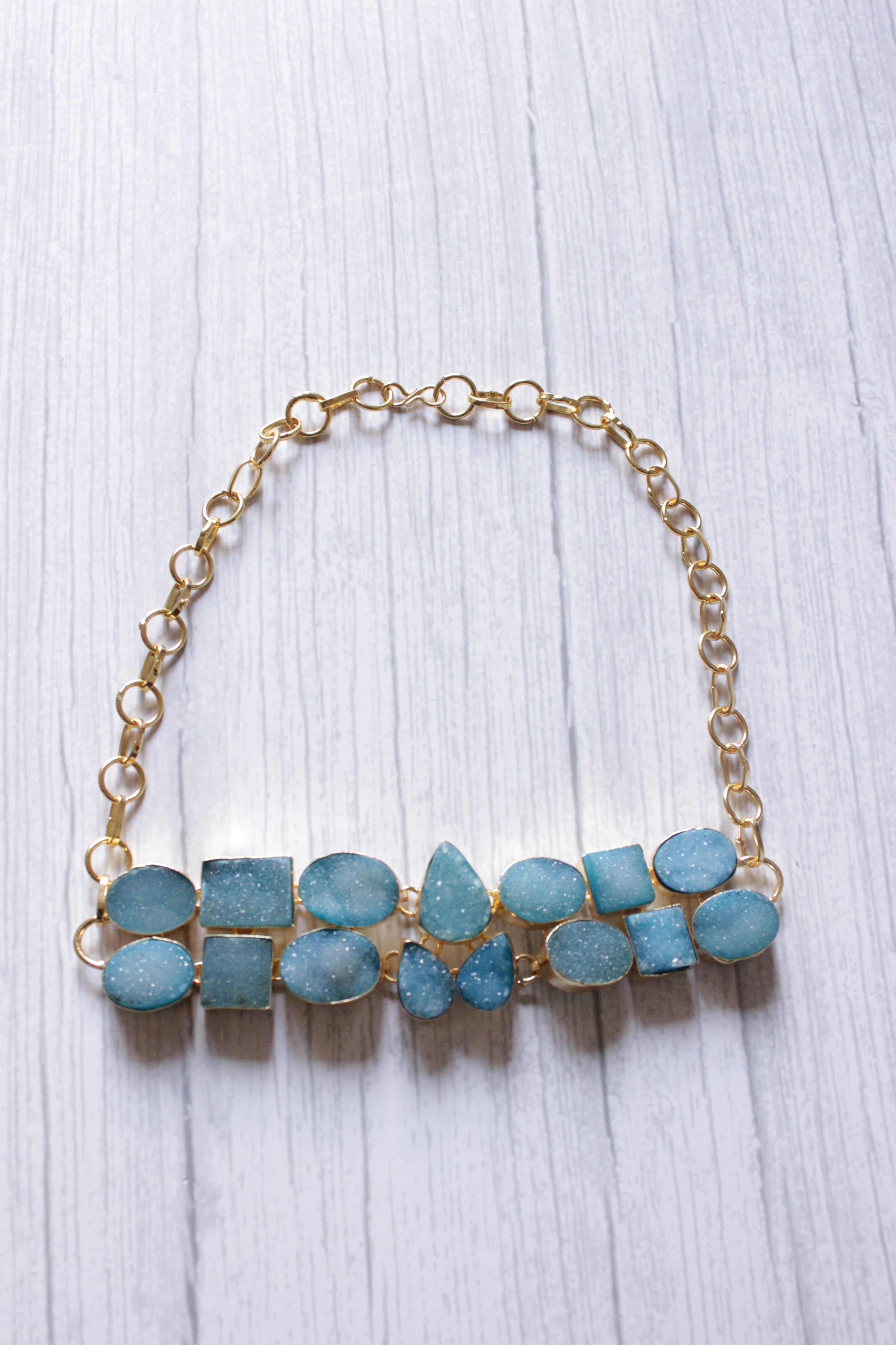 Turquoise Sugar Druzy Gemstone Embedded Gold Plated Choker Necklace