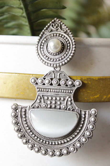 Ivory Glass Stone Embedded Premium Oxidised Finish Warrior Dangler Earrings